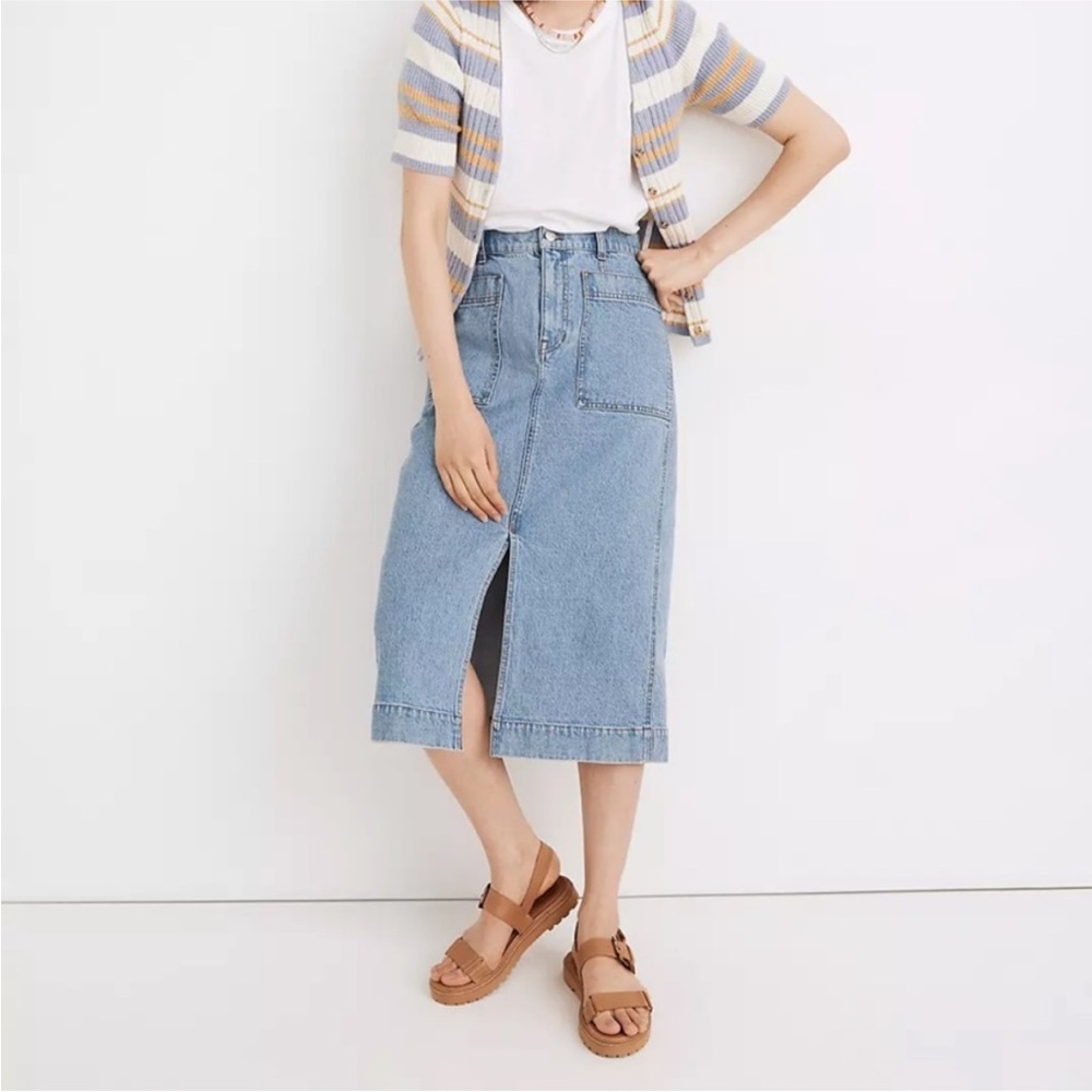 Madewell Light Blue Denim Midi Skirt with Front Slit